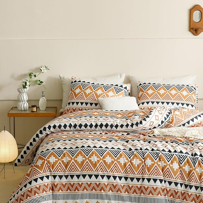 KAREVER Boho Comforter Cal King Aztec Bedding Set Southwest Theme 3 PCs Bohemian Comforter Set Pumpkin White California King Size Comforter (104x96 Inches) with 2 Pillowcases (26x36 inches)