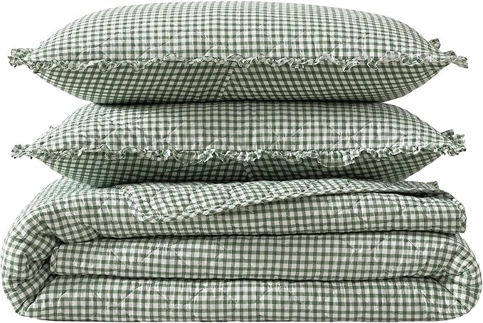 Laura Ashley - Full/Queen Quilt Set, Pre-Washed Cotton Bedding with Matching Sham, Lightweight for Year Round Use, Oeko-Tex Certified (Gracies Gingham Green)
