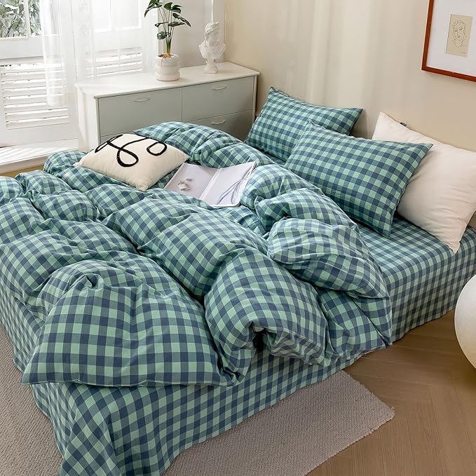 HighBuy Turquoise Gingham Comforter Set Queen Size,Farmhouse Modern Blue Plaid Checkered Comforter Set Grid Bedding Sets Soft Fluffy 3 Pieces,Gingham Bed Comforter with 2 Pillowcases
