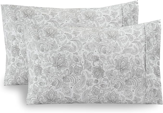 Elegant Comfort Ultra Soft Set of 2 Floral Print Pillowcases - 1500 Premium Hotel Quality Microfiber, Soft and Smooth Envelope Closure 2-Piece Pillow Covers - Standard/Queen, Paisley Gray