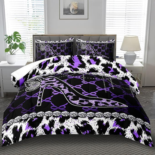Purple Cheetah Print Comforter Set Queen Women Sexy High Heels Leopard Print Bedding Set Girls High Heels Leopard Comforter Quilt Animal Bedroom Decor Cheetah Bedding Bed Decor