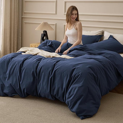 Bedsure 100% Washed Cotton Duvet Cover Cal King Size - Navy Minimalist Bedding Set Linen Like - PureWoven Plain Simple & Soft Comforter Cover for All Seasons (Navy, Cal King, 104"x98")