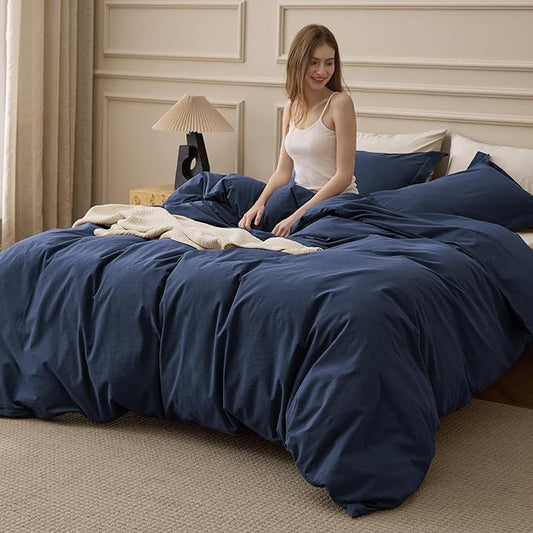 Bedsure 100% Washed Cotton Duvet Cover King Size - Navy Minimalist Bedding Set Linen Like - PureWoven Plain Simple & Soft Comforter Cover for All Seasons (Navy, King, 104"x90")