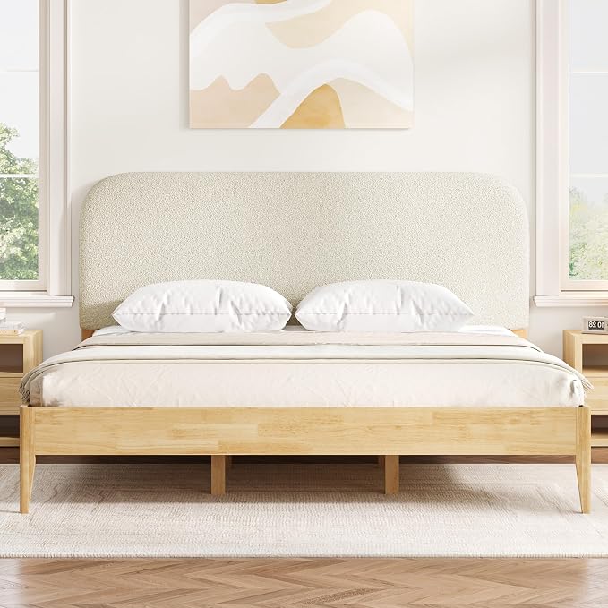 KISLOT Wood Bed Frame with USB & Type-C, Boucle Headboard, Oat, King | Platform Bed, Mattress Foundation, No Box Spring Needed, Easy Assembly