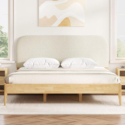 KISLOT Wood Bed Frame with USB & Type-C, Boucle Headboard, Oat, King | Platform Bed, Mattress Foundation, No Box Spring Needed, Easy Assembly