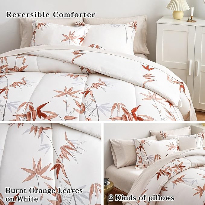 7 Piece Bed in a Bag Queen Comforter Set with Sheets, Burnt Orange Leaves on White Botanical Bedding Sets for All Season (1 Comforter, 2 Pillow Shams, 1 Flat Sheet, 1 Fitted Sheet, 2 Pillowcases)