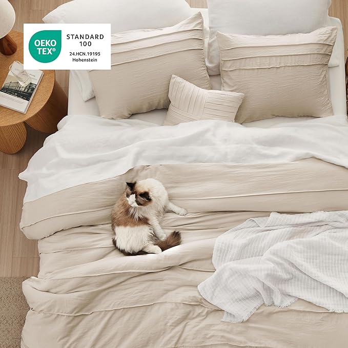 Bedsure King Comforter Set - 4 Pieces Pinch Pleat Bed Set, Linen Boho Bedding for All Season, 1 Soft Comforter, 2 Pillowcases, 1 Decorative Pillow
