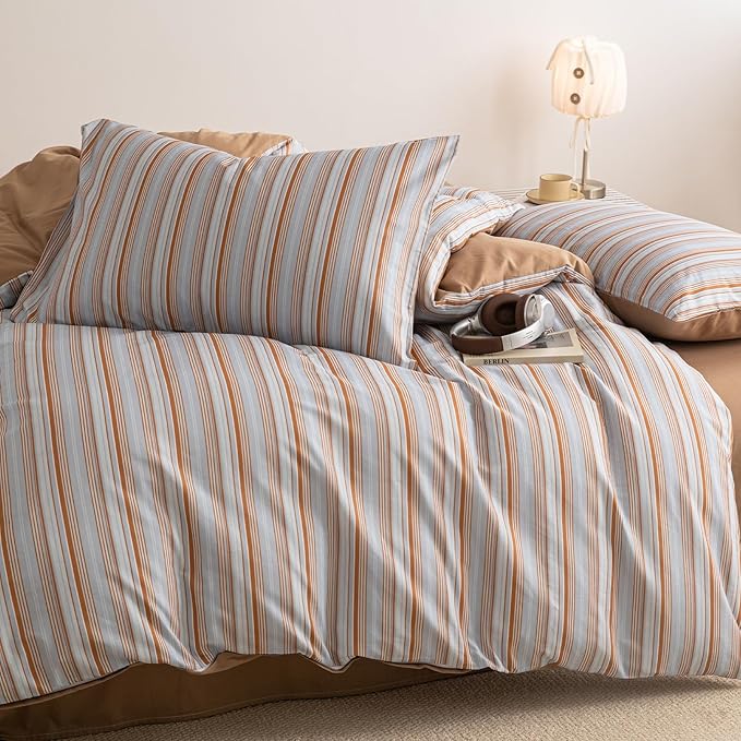 Striped Queen Duvet Cover Light Blue Caramel Brown Comforter Cover Queen Size Cotton Boho Soft Vintage Duvet Cover Set with 2 Pillow Cases Vertical Stripe Bedding Set Pattern Duvet Protector