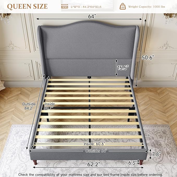 koorlian Queen Size Upholstered Bed Frame with 51'' Tall Headboard, Grey | Reinforced Platform Bed, Easy Assembly, Soft Fabric, Sleigh Wingback, Solid Wood Retro Legs, Noise-Free, Classic & Simple