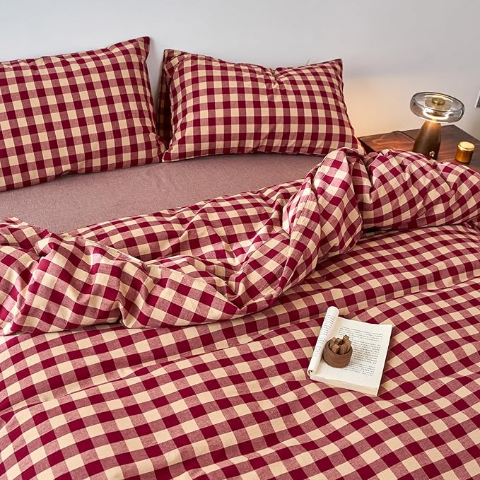 EAVD Vintage Style Red Gingham Duvet Cover King Soft 100% Washed Cotton 3-Piece Reversible Plaid Checkered Bedding Set with 2 Pillowcases Farmhouse Buffalo Plaid Duvet Cover with Zipper Closure