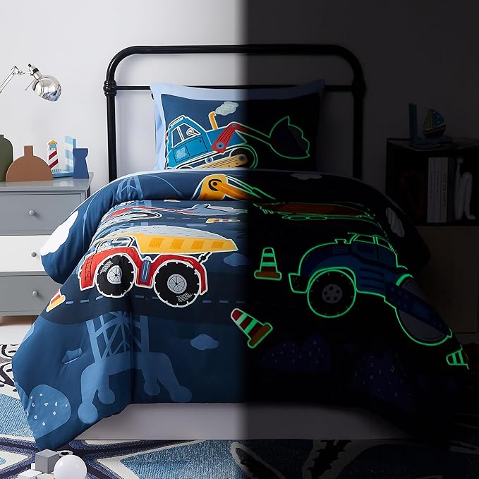 Twin Kids Comforter Set - 5 Pieces Twin Bedding Sets for Boys Teen, Glow in The Dark Truck Tractor Excavator Bed in A Bag with Sheets