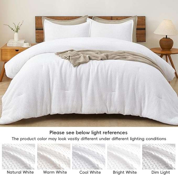 PHF Ultra Soft Waffle Weave Comforter Set Queen Size, 3 Pieces Lightweight Breathable Comfy Bedding Set, Comfy Textured 1 Comforter with 2 Pillow Shams, White