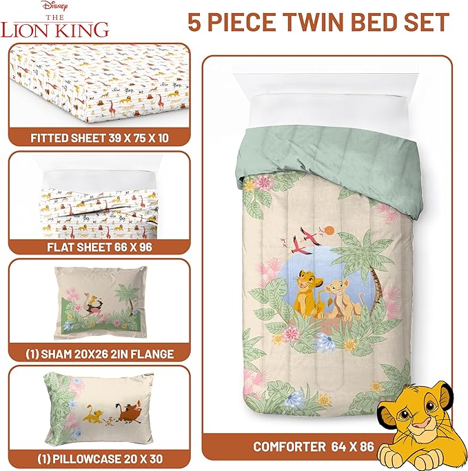 Jay Franco Kids Comforter Set Includes Sheets and Pillow Covers - Soft and Cozy Bed Set for Stylish Room Decor, Multi - Lion King, 5 Piece Twin Size Bedding