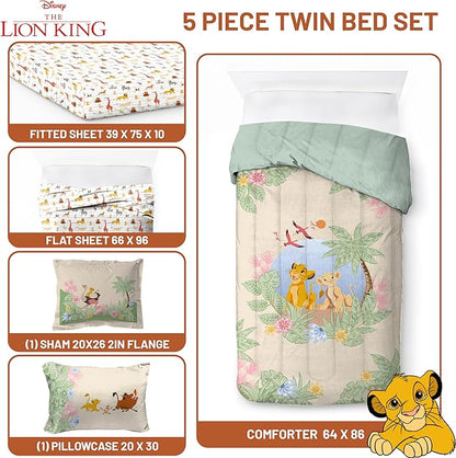 Jay Franco Kids Comforter Set Includes Sheets and Pillow Covers - Soft and Cozy Bed Set for Stylish Room Decor, Multi - Lion King, 5 Piece Twin Size Bedding