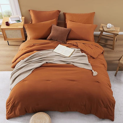 WRENSONGE Full Size Comforter Sets, 7 Pieces Soft Burnt Orange Fall Bed in a Bag with Fitted Sheet, Flat Sheet, 2 Pillow Shams, 2 Pillowcases, Warm Bedding Sets for All Seasons
