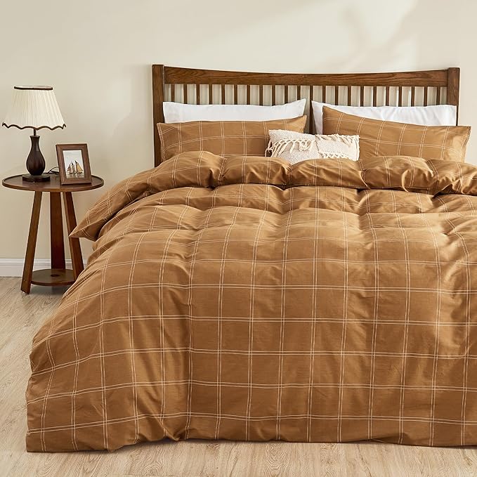 JELLYMONI 100% Natural Cotton King Duvet Cover Set, 3pcs Plaid Duvet Cover Sets with Zipper Closure, Grid Geometric Pattern Comforter Cover, Rust