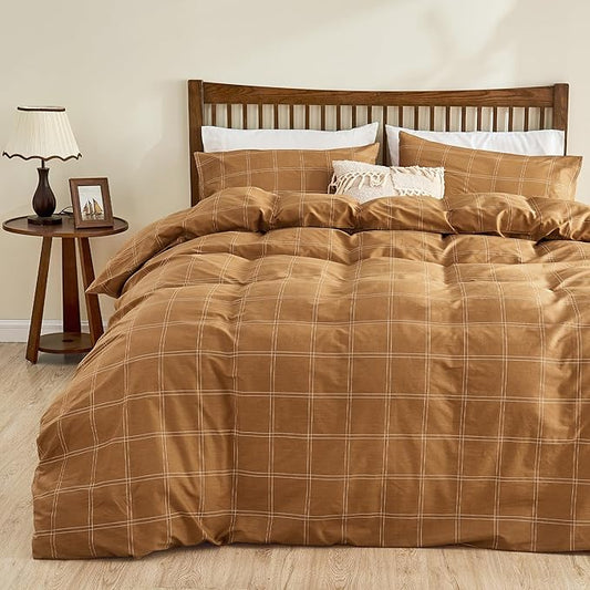 JELLYMONI 100% Natural Cotton King Duvet Cover Set, 3pcs Plaid Duvet Cover Sets with Zipper Closure, Grid Geometric Pattern Comforter Cover, Rust