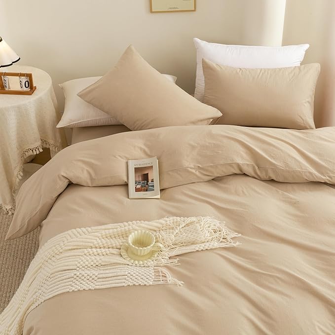 ECOCOTT 100% Washed Cotton Duvet Cover Full Size – Soft & Breathable Linen Feel Bedding Set, 3 Pieces Khaki Comforter Cover with Zipper Closure for All Seasons