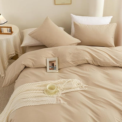 ECOCOTT 100% Washed Cotton Duvet Cover Full Size – Soft & Breathable Linen Feel Bedding Set, 3 Pieces Khaki Comforter Cover with Zipper Closure for All Seasons