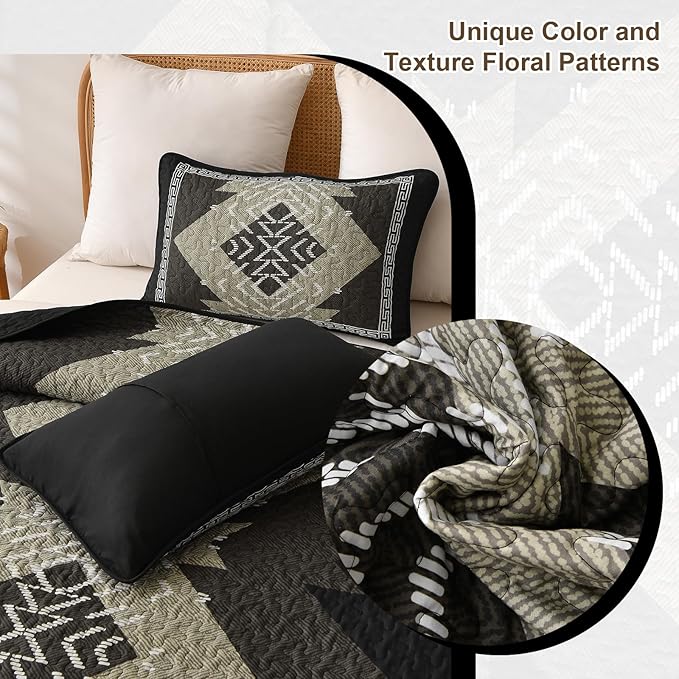 Dintszyayue Boho Quilt Set King Size, Black Aztec Texture Bedspread Set, 3 Pieces Texture Southwestern Bedding Set, Soft Lightweight Coverlet Set for All Season Bedding with 2 Pillowcases