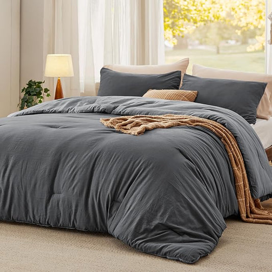 Bedsure Queen Comforter Set, Dark Gray Soft Prewashed Bedding for All Seasons, 3 Pieces GentleSoft™ Bed Set, 1 Lightweight Comforter (90"x90") and 2 Pillowcases (20"x26")