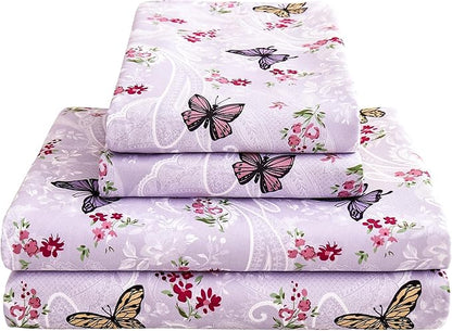 Softan Purple Floral Bed Sheets Full, Paisley Flower Printed Sheet Set, Cozy Microfiber Fitted Sheet with 15" Deep Pocket & Non-Slip Straps, Butterfly Patterned Sheets & Pillowcase Set