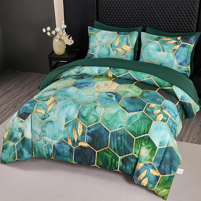 ANGIYUIN 7 Pieces Turquoise Gold Marble Comforter Set Queen Watercolor Printed Bedding Comforter Set Luxury Gold Trim Bed Set Hexagon Honeycomb Bed in A Bag with Sheets(Queen Teal Green)