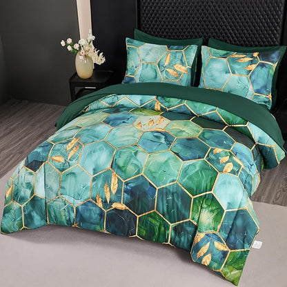ANGIYUIN 7Pcs Teal Green Marble Comforter Set Full Watercolor Gold Bedding Set Geometric Honeycomb Printed Bed Sets Luxury Gold Leaves Bed in A Bag for Women Men(Full Teal Green)