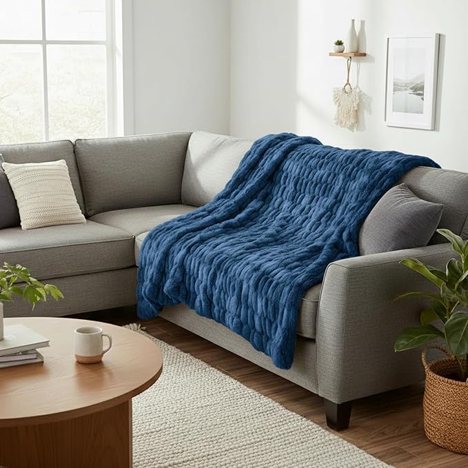 Lavish Home Oversized Ruched Faux Fur Blanket - 60x80-Inch Plush Polyester Faux Fur Queen-Size Throw for Sofas and Beds - Luxurious Bedding (Blue)