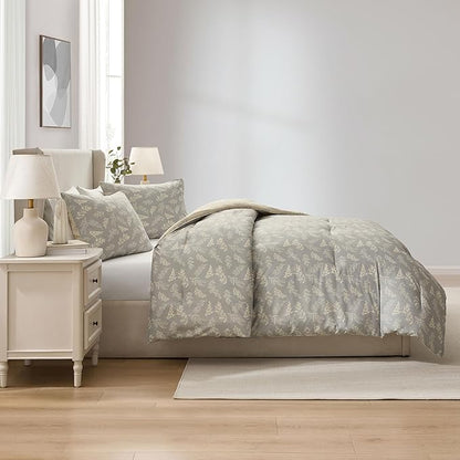 Nestl King Size Comforter Set - Grey Bed in a Bag King Size, 3 Pieces Reversible Bed Set, Soft Floral Bedding Set, All Season Botanical Comforters with Pillow Shams