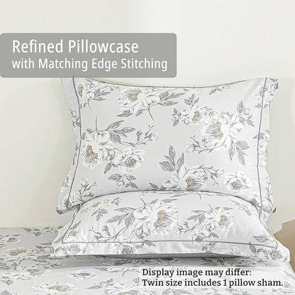 Floral Cotton Comforter Twin Size - Light Grey Comforter Printed with Vintage Ivory Flowers & Dark Yellow Stamens,Reversible Lightweight Bedding Sets 2Pcs(68"×90")