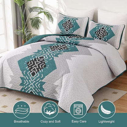 Dintszyayue Boho Quilt Set King 3 Pieces Teal Aztec Texture Bedspread Coverlet Set with 2 Pillowcases Turquoise Soft Lightweight Microfiber Bohemian Quilt Bedding Set for All Season 90"x103"
