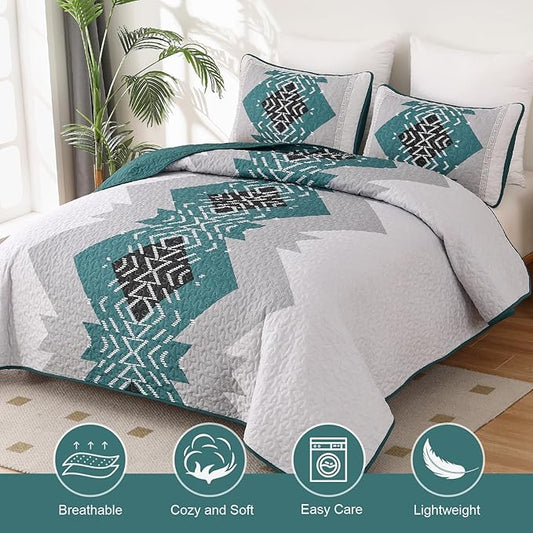 Dintszyayue Boho Quilt Set King 3 Pieces Teal Aztec Texture Bedspread Coverlet Set with 2 Pillowcases Turquoise Soft Lightweight Microfiber Bohemian Quilt Bedding Set for All Season 90"x103"