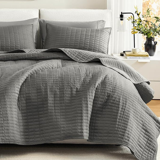 Comfort Spaces Kienna Quilt Set- Double Sided Stitching Design Summer Blanket, Lightweight, Soft, All Season Bedding Layer, Matching Sham, Charcoal, Coverlet King (104"x90") 3 Piece