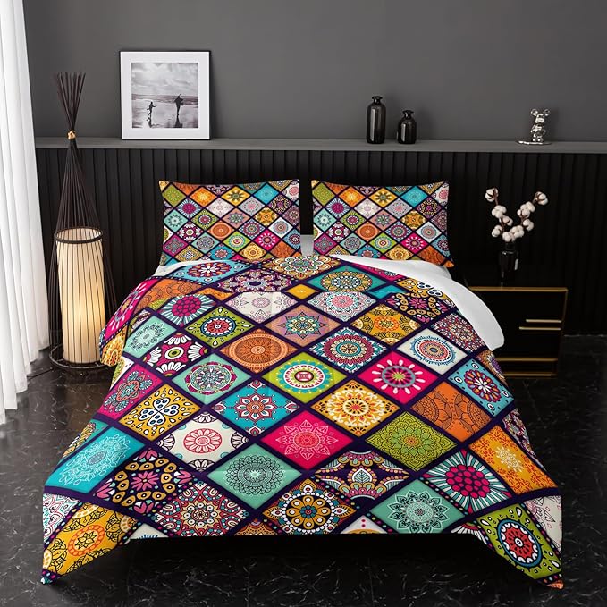 Polychrome Bohemia Comforter Sets King Size,Rhomboid Forms Pattern Bedding Set for Your Room,Abstract Soft Lightweight Quilted Set All Season 1 Comforter and 2 Pillowcases