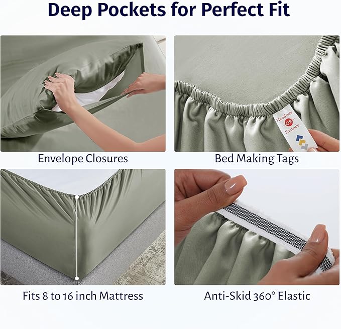 California Design Den Deep Pocket Queen Sheet Set - Certified 100% Egyptian Cotton, Lightweight, Crisp Percale Bed Sheets Queen Size Egyptian Cotton Set, Durable Luxury Bedding (Sage Mist - Grey Tone)