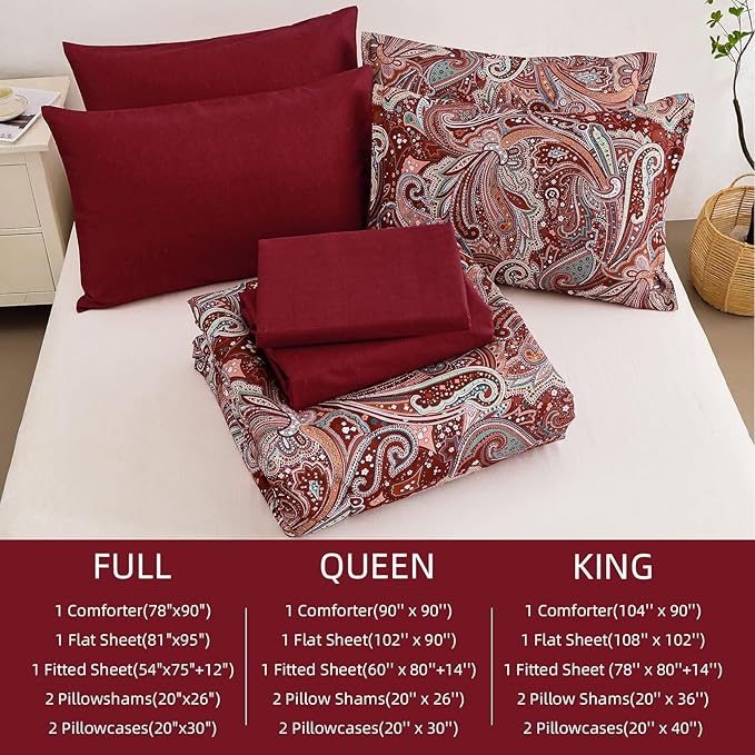 DJY Red Paisley Comforter Set California King Size, 7 Piece Bed in a Bag Boho Paisley Pattern Comforter Set, Soft Lightweight Microfiber Reversible Bedding Set for All Season (106''x96'')
