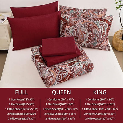 DJY Red Paisley Comforter Set California King Size, 7 Piece Bed in a Bag Boho Paisley Pattern Comforter Set, Soft Lightweight Microfiber Reversible Bedding Set for All Season (106''x96'')