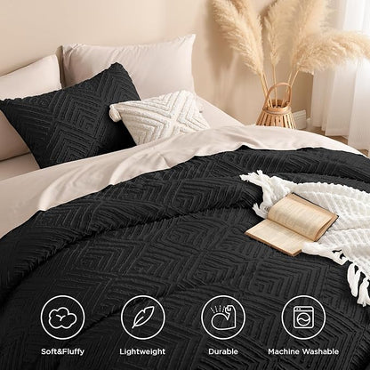 Andency Black California King Comforter Set, 3 Pieces Black Boho Bedding Set & Collections, Farmhouse Tufted Fluffy Bed Set for California King Bed (1 Comforter 104x96In, 2 Pillowcases)