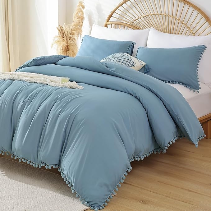 YIRDDEO Full Size Comforter Sets - Full Size Comforter with Ball Pom Fringe, Soft Bedding Set for All Seasons - 3 Pieces, 1 Comforter (79"x90") & 2 Pillow Shams(20"x26"), Dusty Blue