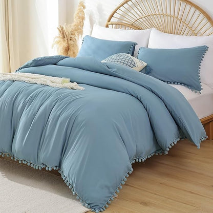 YIRDDEO Full Size Comforter Sets - Full Size Comforter with Ball Pom Fringe, Soft Bedding Set for All Seasons - 3 Pieces, 1 Comforter (79"x90") & 2 Pillow Shams(20"x26"), Dusty Blue