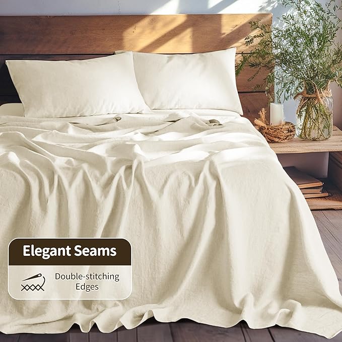 LBRO2M 100% Pure Linen Sheet Set Deep Pocket Up to 16" Bed Sheets Sets, Natural Flax Beddings Soft, Breathable, Comfortable for All Seasons 4 Pcs Sheet Set Queen Size, Beige