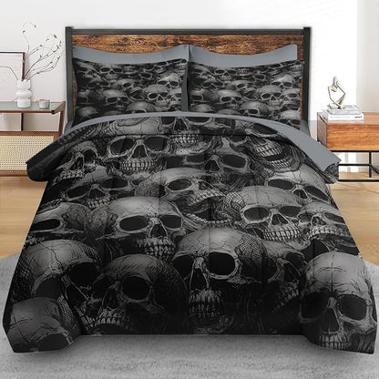 Comforter Set Queen Size, Skeleton Retro 7 Pcs Bedding for Adults, Spooky Horror Gothic Bed Sheet Sets with Fitted Sheet 2 Pillowcases & 2 Shams for Bedroom Bed Decor