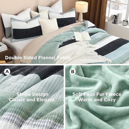 Litanika Fluffy Fleece Twin Comforter Set, Luxury Soft Plush Fuzzy Sage Green Stripe Bedding Comforter Sets, Warm Shaggy Faux Fur Bed Set All Season (1 Comforter, 1 Pillowcase)