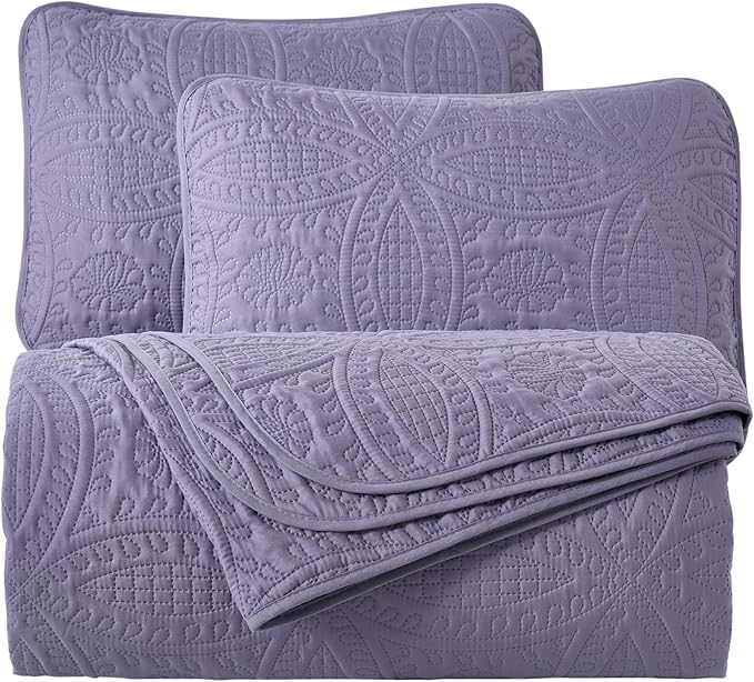 Chezmoi Collection Austin Queen Oversized Bedspread Set, 3-Piece Pinsonic Quilted Lightweight Microfiber Bedspread Coverlet, Dusty Purple | Oversized, Lightweight, Fade Resistant