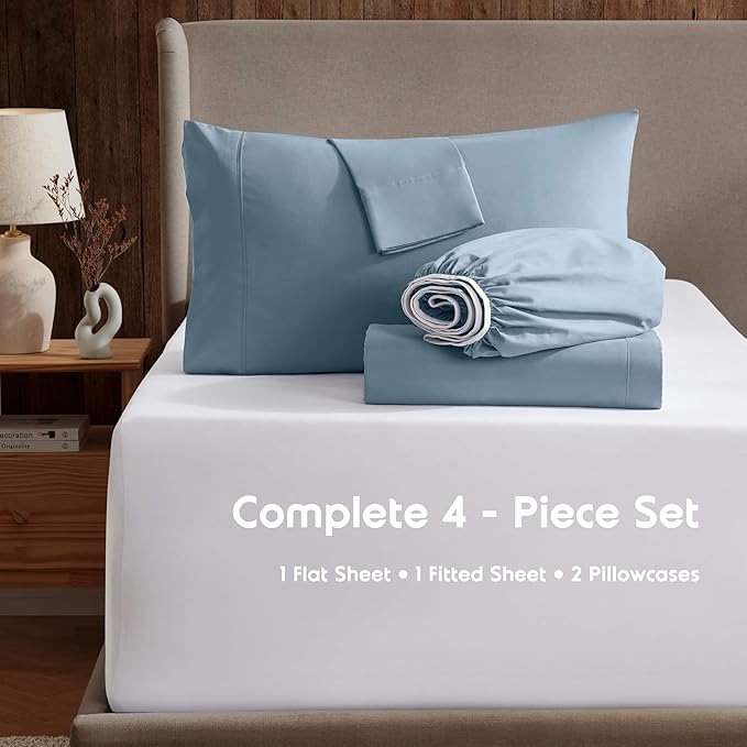 Nestl Short Queen Sheet Set - 1800 Ultra-Soft Microfiber - Double Brushed - Deep Pockets - Easy Fit - 4 Piece Set - Bed Sheets (Short Queen, Stone Blue)