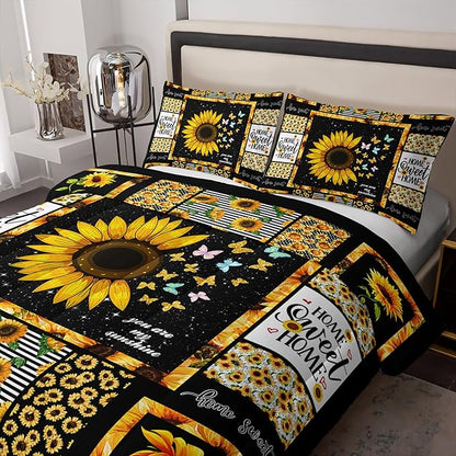 Sunflower Queen Bedding Set, Yellow Comforter for Girls and Teen Boys, Western Boho Quilt