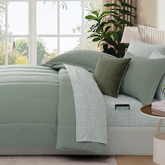 Monbix King Size Comforter Set - 7 Pieces Bed in a Bag King, Sage Green Track Stitching Bedding Sets, All Seasons Bed Set with Sheets, Pillowcases & Shams