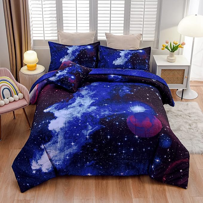 A Nice Night Galaxy 6Pcs Bedding Sets Outer Space Comforter Bed in a Bag 3D Printed Quilt,for Children Boy Girl Teen Kids,Queen 6Pcs