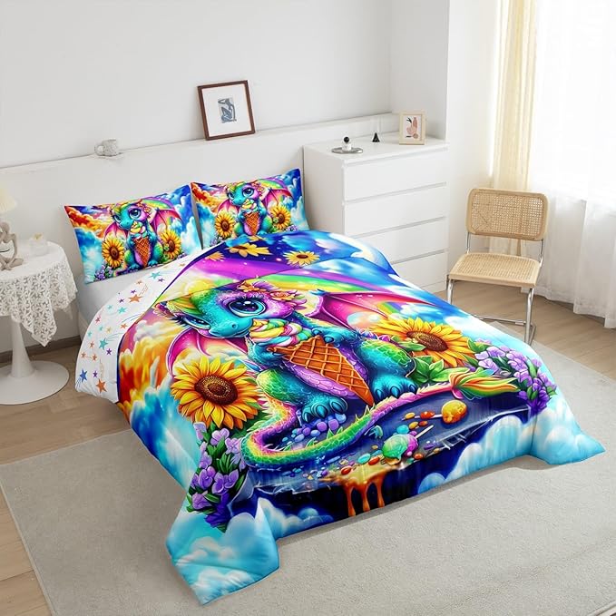 Castle Fairy Watercolor Sunflower Flowers 3 Pcs Queen Size Comforter Set,Ice Cream Dessert Colorful Sky Down Alternative Adults Room Decor,Cartoon Dragon Ultra Soft Microfiber Inner Fill 3Pcs Bedding